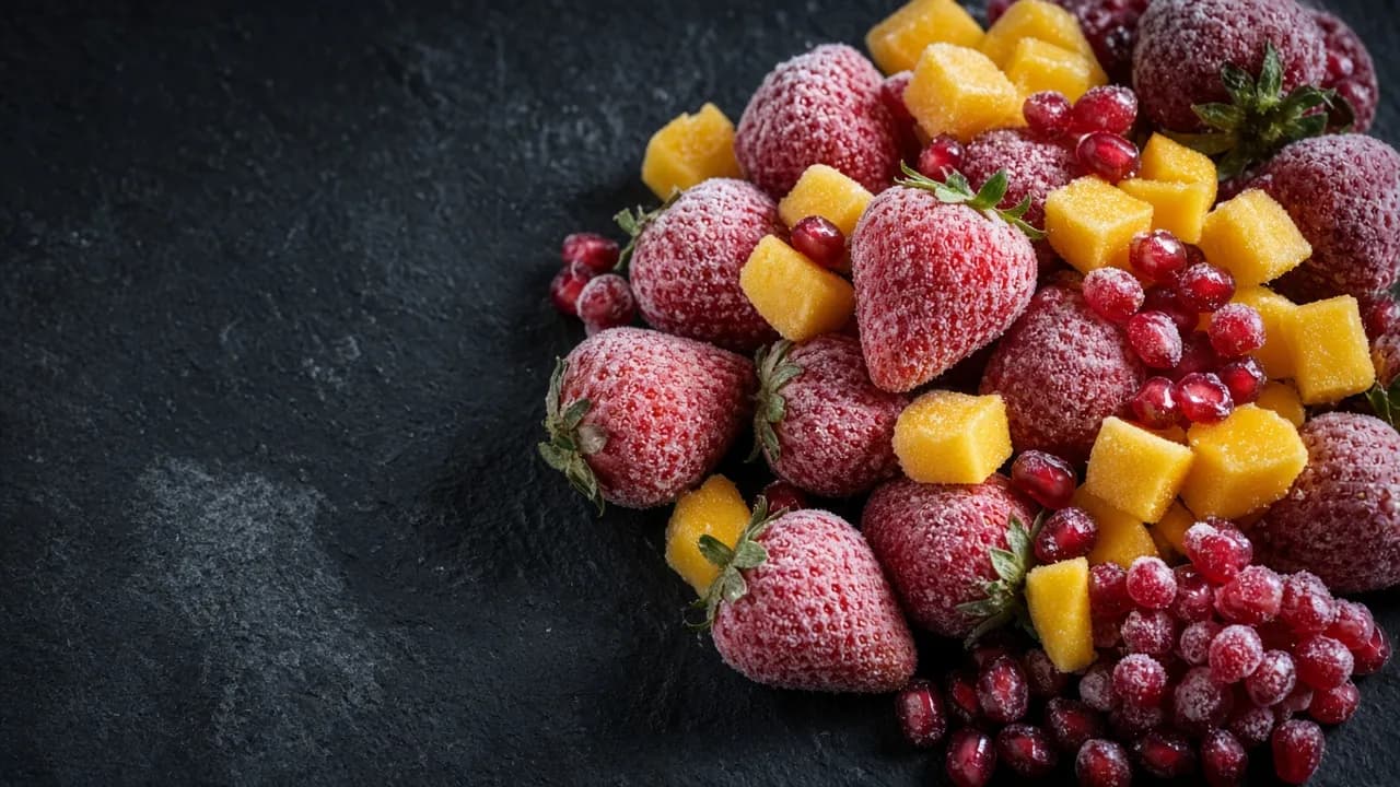 frozen strawberries, diced mango and pomegranate arils with frost on dark slate