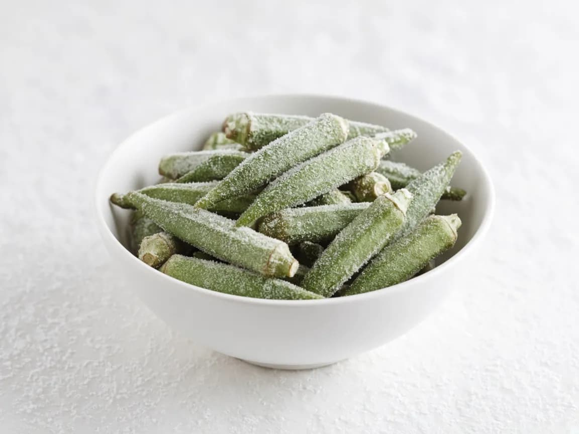 frozen baby okra pods with frost in white bowl