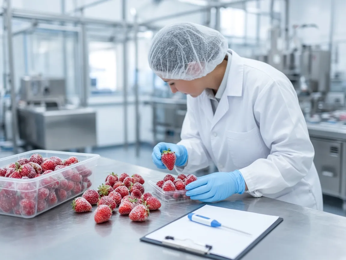 QA technician inspecting frozen strawberries in lab